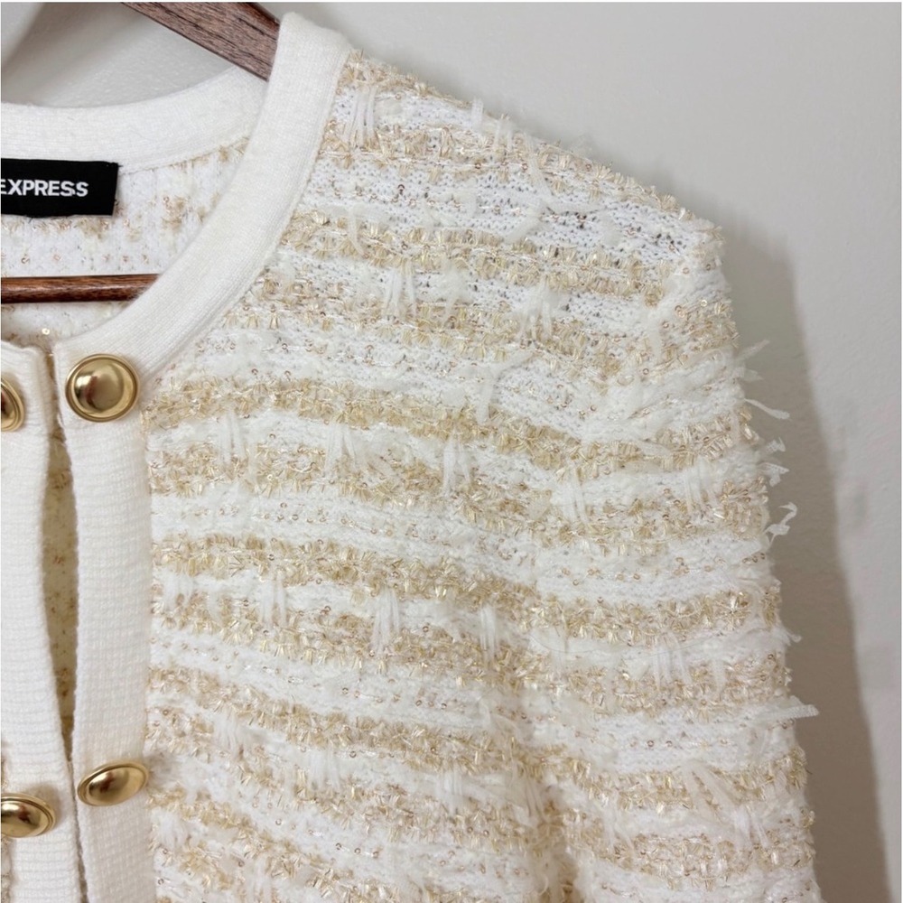Express Womens M Lady Jacket Cream Gold Tweed Knit Cardigan Old Money Classic - Picture 5 of 12
